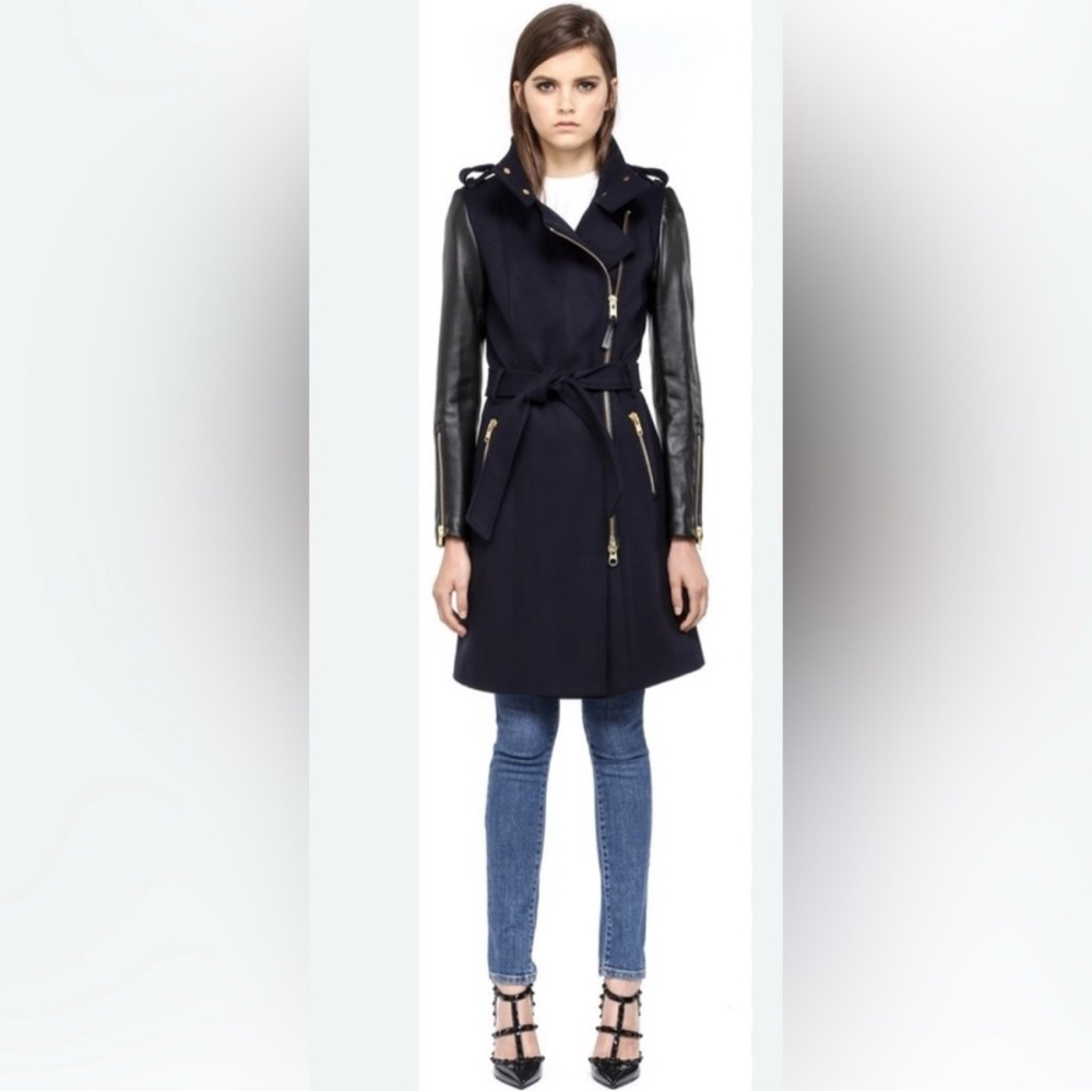 Mackage Dale Black Trench Coat with Leather Sleeves - Picture 4 of 16